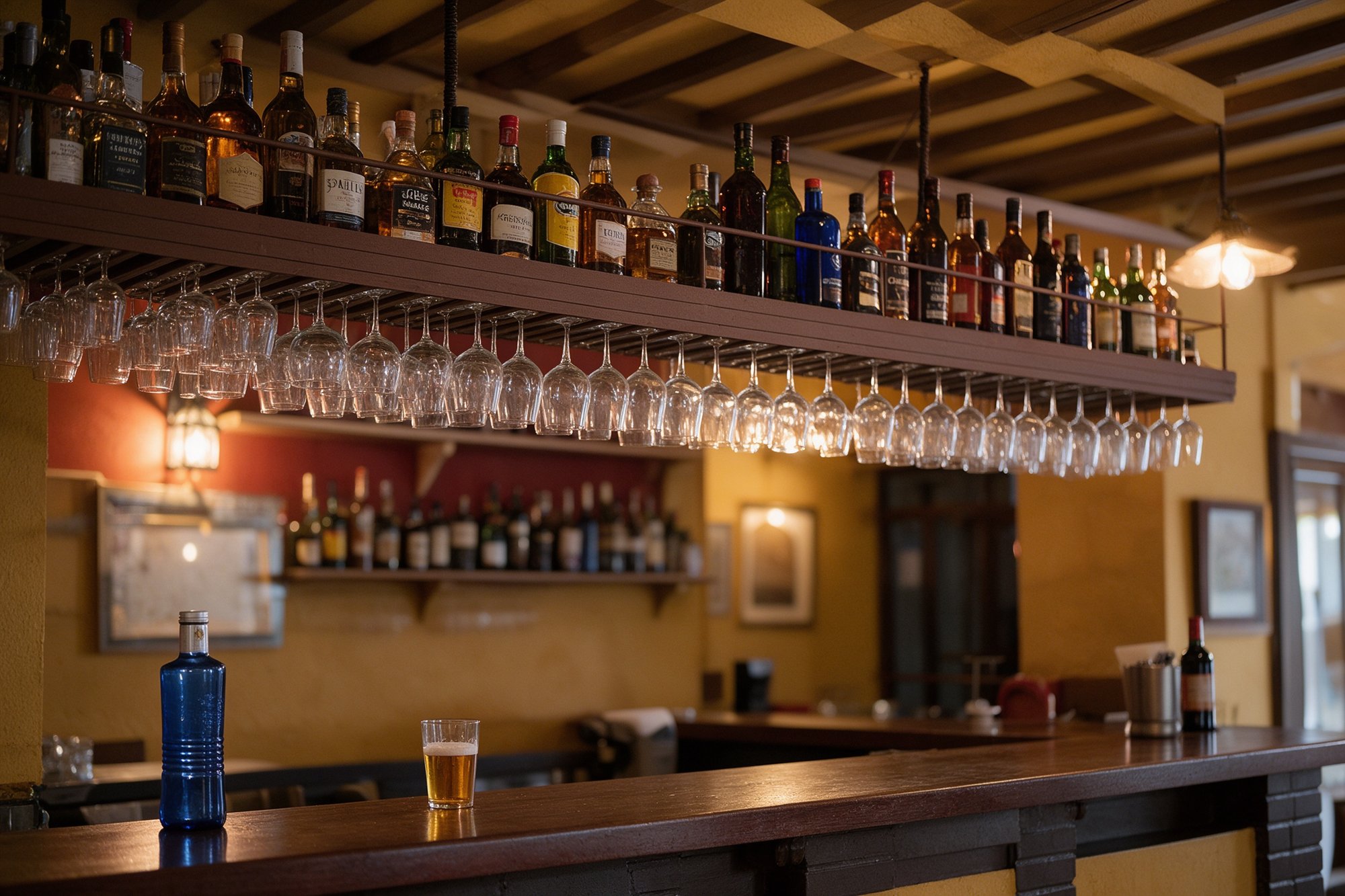 Interior cálido de tabanco tradicional con barra de madera oscura, copas colgando de una rejilla de madera y estanterías llenas de botellas bajo luz ámbar