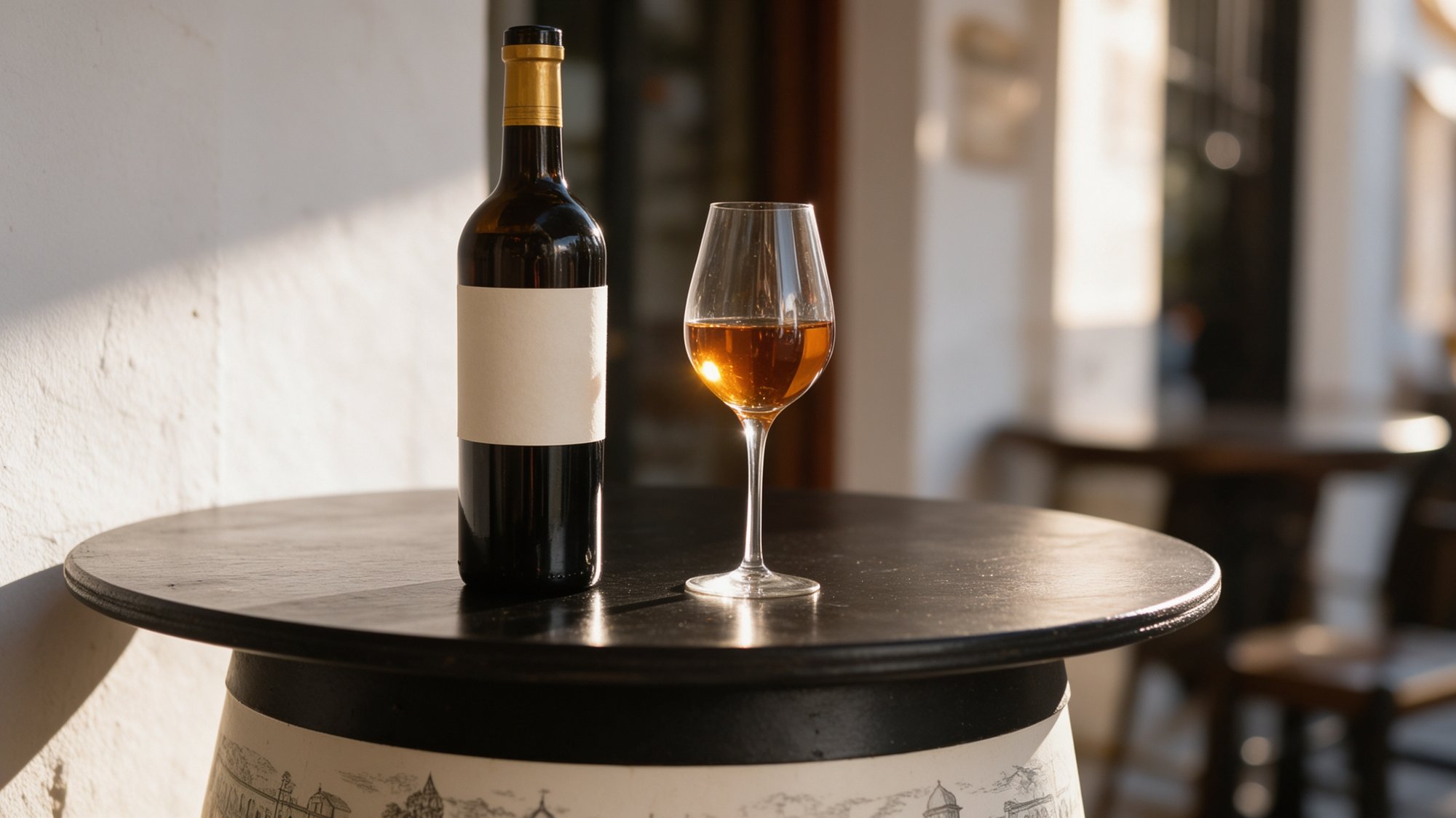 Copa de vino generoso ámbar junto a una botella de Palo Cortado sobre una barrica con tapa negra a la luz cálida de la tarde