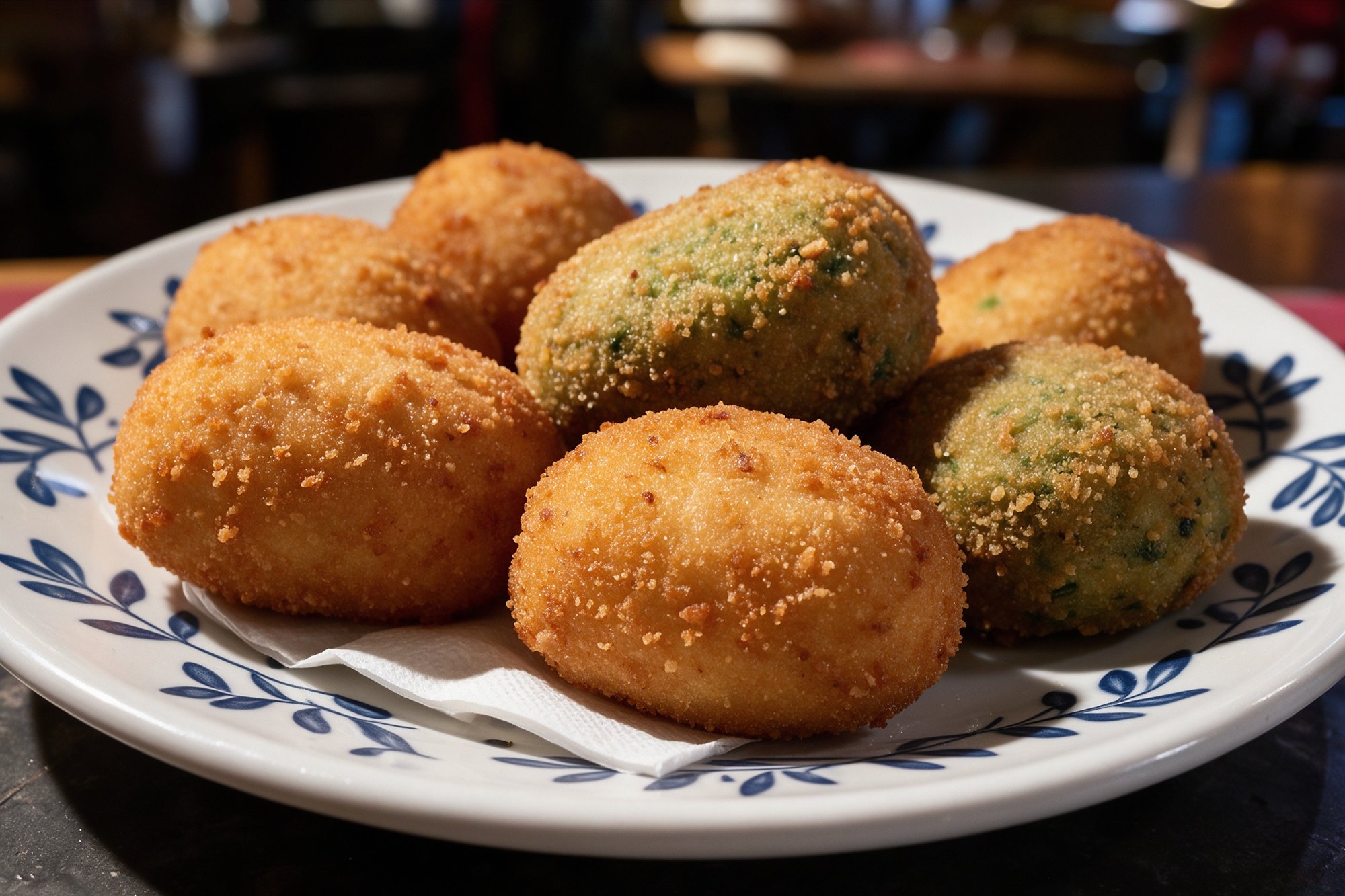 Croquetas caseras variadas, doradas y crujientes sobre plato de cerámica blanca con motivos azules